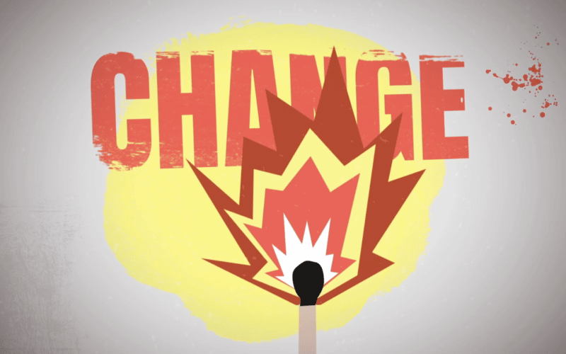 Animation still of a lit match and the word Change