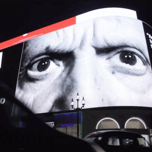 Picadilly advertisement screens showing a Picasso advert