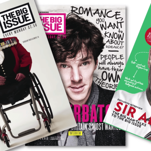 Three copies of different editions of The Big Issue Magazine