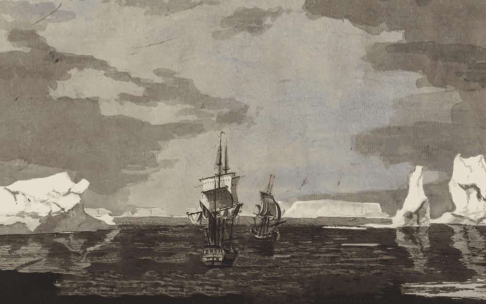 Black and white vintage style drawing of two pirate ships in the sea surrounded by icebergs