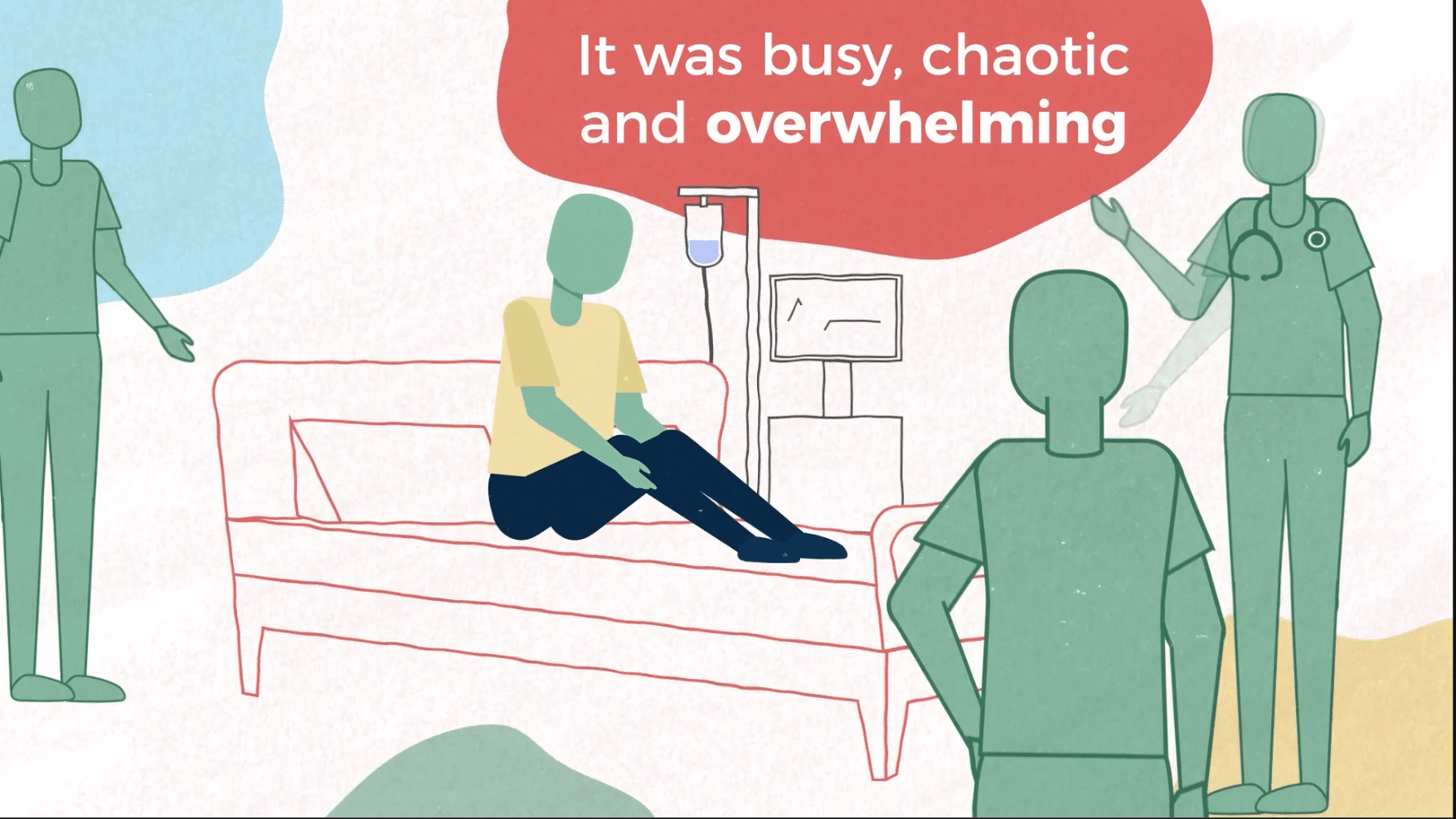 Featureless young person sits on hospital bed, while doctors look on. A voice bubble reads 'It was busy, chaotic and overwhelming'.