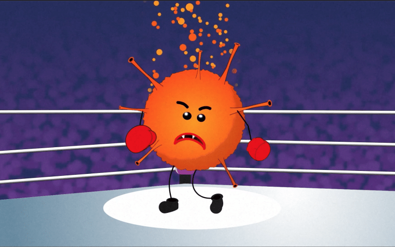 Illustration of orange anthropomorphic virus wearing boxing gloves in boxing ring