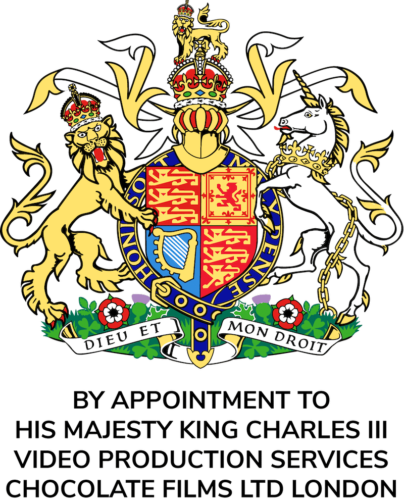 The Royal Arms of the UK in full colour with a legend beneath it referring to Chocolate Films.