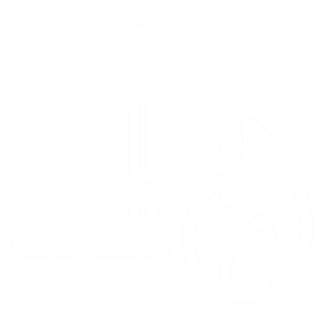 white line drawing of a flame and an alert sign