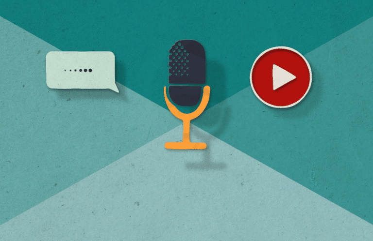 illustration of mic, speech bubble and play button